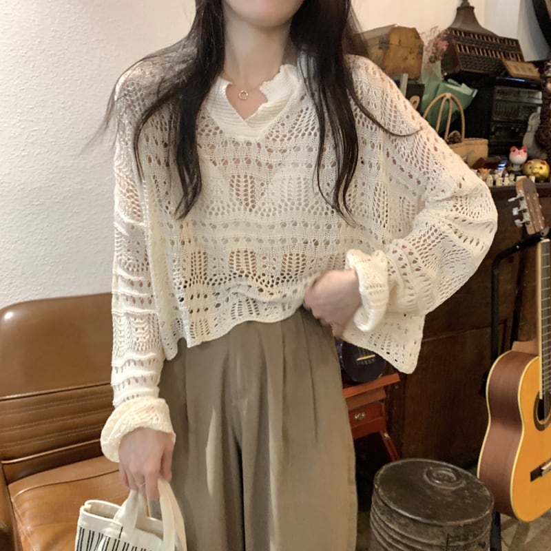 [Saikusou Series] ★Sweater★ 3color Knit Tops Openwork Mini Length Loose V Neck Beige Simple