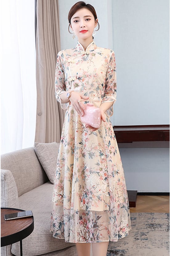 Chinese Style Dress, Long Dress, Long Sleeve, Good Temperament, Slim, Commuting, Girls' Night Out, Class Reunion, Present, Party, Large Size, ML, XL, 2XL, 3XL, Retro, Stand Neck, Floral Print, Apricot Color