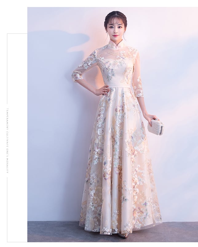 Party Dress, One Piece, Long Dress, After-Party, Wedding, Concert, Elegant, Chinese Style, Stand Neck, 3/4 Sleeve, Long Length, Maxi Length, Large Size, SML, XL, 2XL, Champagne, Embroidered