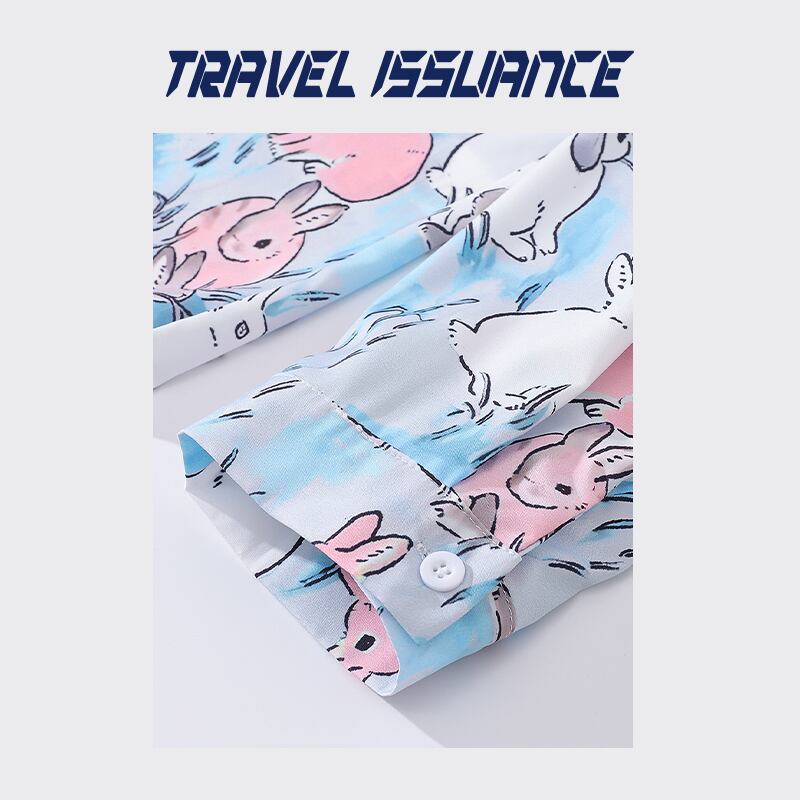 【TRAVEL ISSUANCEシリーズ】★シャツ★ 2color 長袖シャツ トップス 男女兼用 メンズ 兎 ウサギ カートゥーン 青 緑