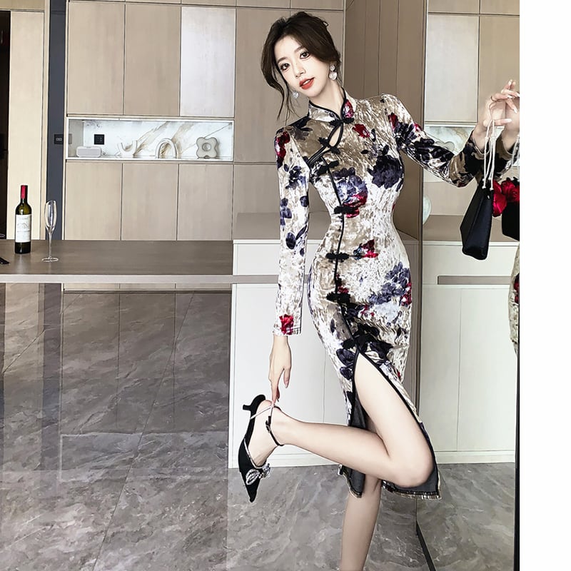 [Hundred Minute Eight Series] ★Cheongsam dress★ Velvet, floral pattern, slimming, sexy, ink pattern dress, improves temperament