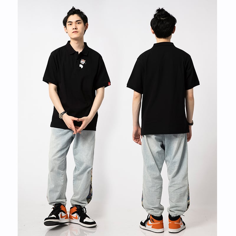 [JPYZ Series] ★China Style Tops★ POLO Shirt Embroidered Panda Cute Unisex Men's Black Short Sleeve