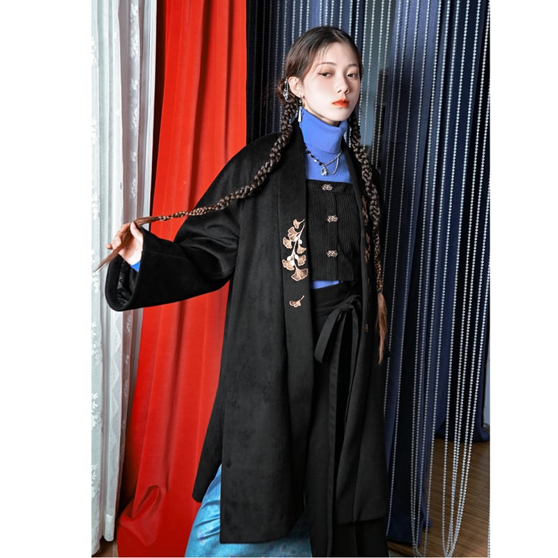 [Kokaisha --- Leaf Series] ★China style coat★ 2color embroidery outerwear long length Hanfu coat black gray