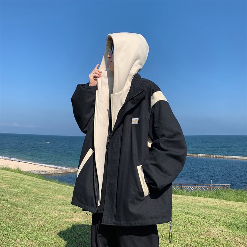 [MANYSTON series]★Jacket★ Outerwear 3color fake layered hooded unisex men's green black beige