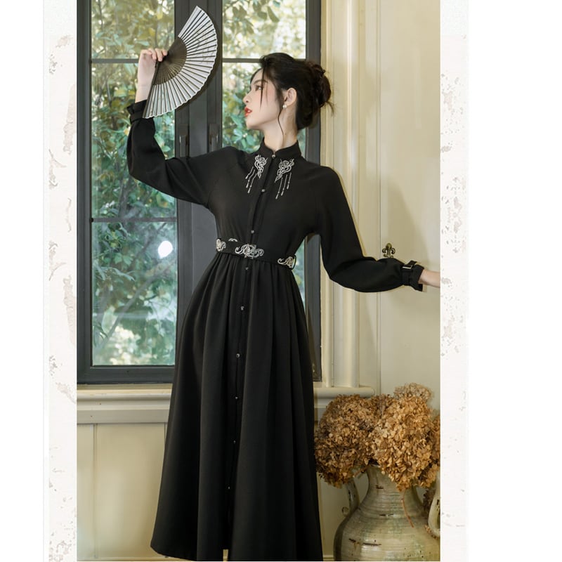 [Treasure Island Series]★Chinese style dress★ Long length Hanfu dress Chinese style Black Black