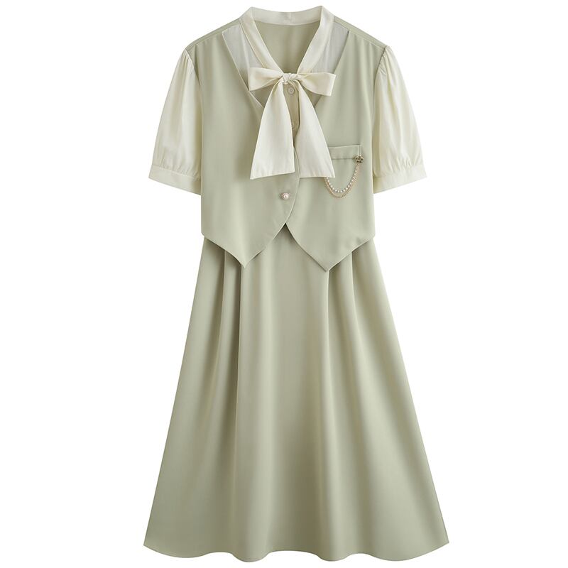 [Ali Series] ★One Piece★ Faux Layered Ribbon Commuting Wedding Date Office Summer Clothes Green Green