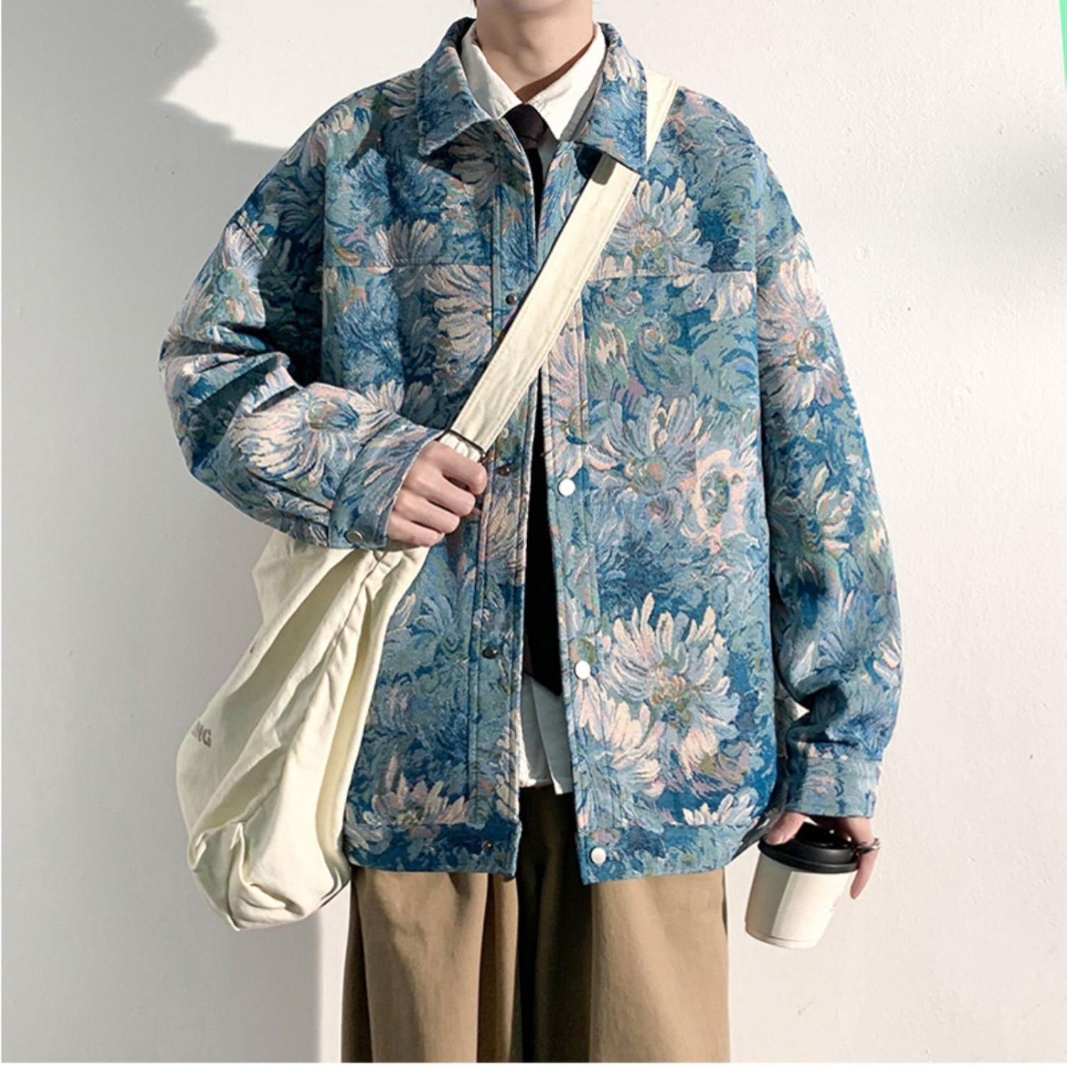 [KADISHOU Series] ★Jacket★ Outerwear 2color Oil Painting Style Floral Pattern Unisex Men's Large Size Blue Green