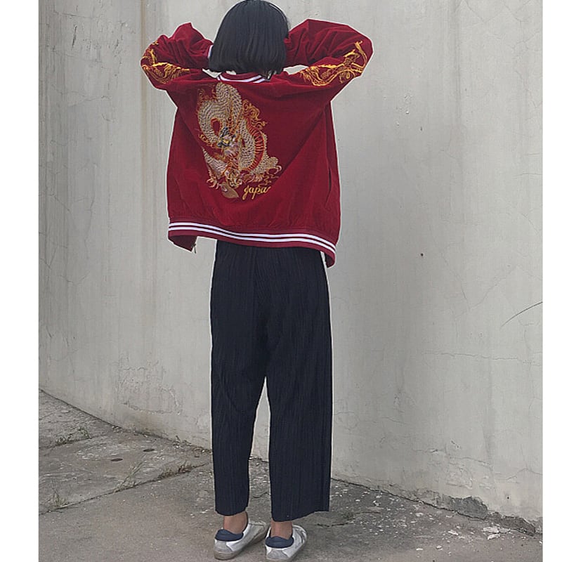 [Forever series]★China style outerwear★2color Black or red Dragon embroidered Dragon Dragon crest Stadium jacket Jacket Sukajan