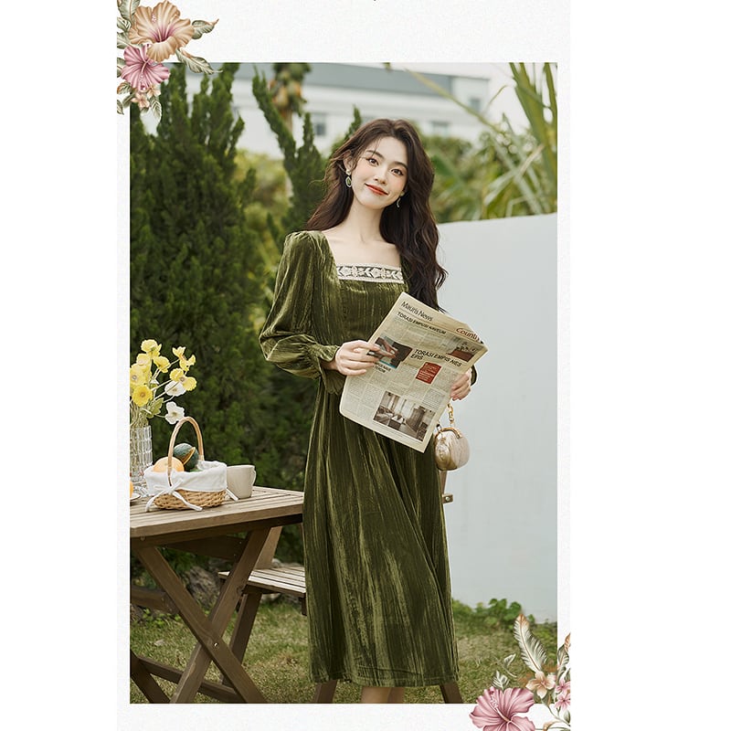 [Kasa Castle Series] ★One Piece★ Velvet Retro Green Green SML XL Party Wedding Date