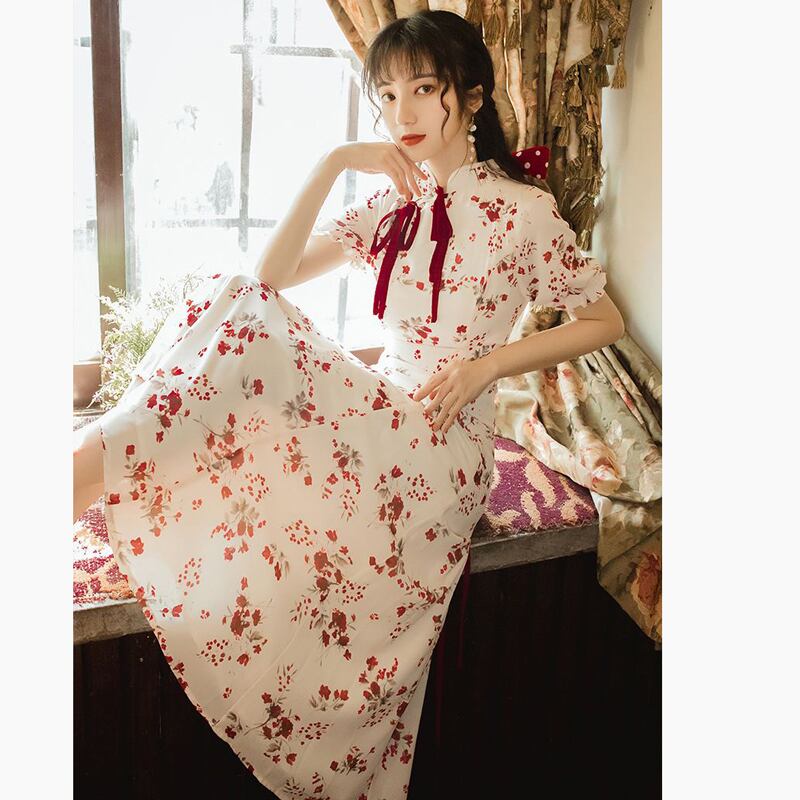 [Hanasha Castle Series] ★China style dress★ Floral pattern, retro, improves temperament, long length, SML, short sleeves, summer, festivals