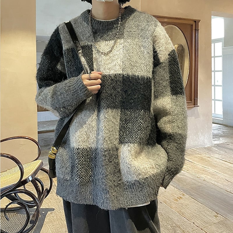 [Tetsusho Series]★Sweater★ 2color Knit Tops Unisex Men's Plaid Pattern Retro ML XL 2XL