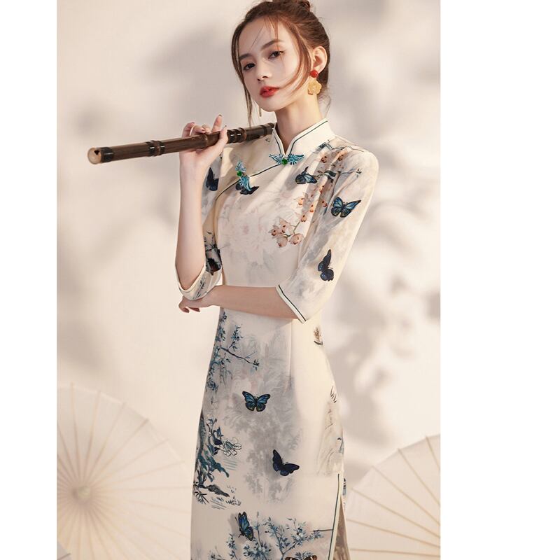 [Bacho Senko Series] ★Cheongsam dress★ Dress, long length, butterfly, elegant, large size, slim