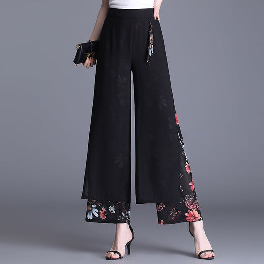 [Banlan Series]★China style pants★ Gaucho pants Floral pattern Casual Cool Elegant Black Black