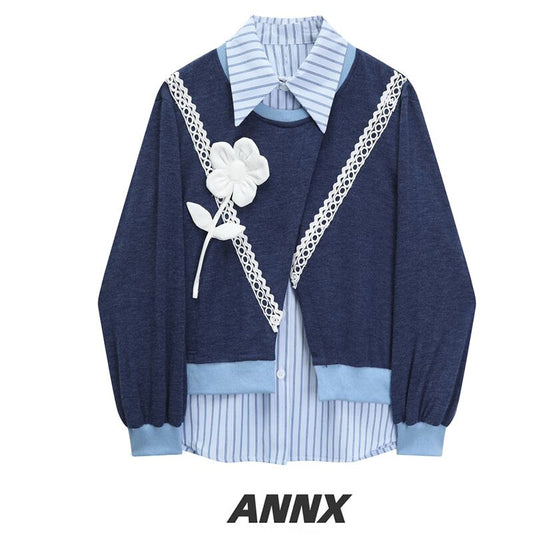 [ANNXstudio series]★Shirt★ Long sleeve shirt Shirt Tops Faux layered Fashion Vertical stripes Striped pattern