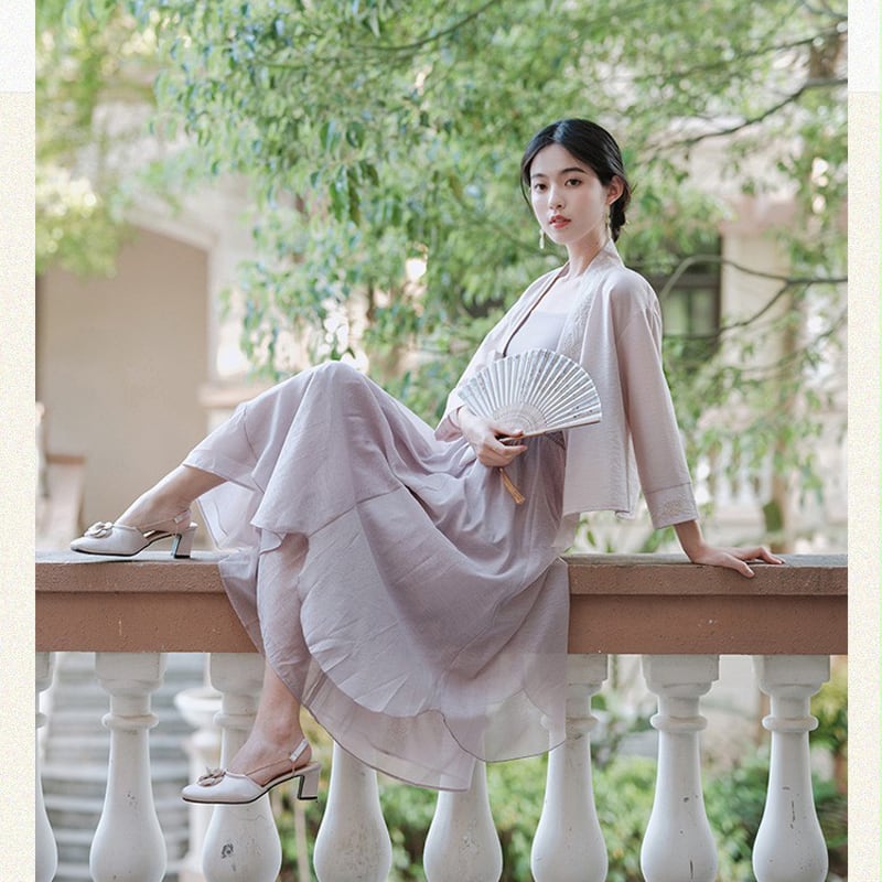 [Az Suna Series] ★Chinese style setup★ Improved Hanfu Thin outerwear + Hanging dress 2color Beige Purple