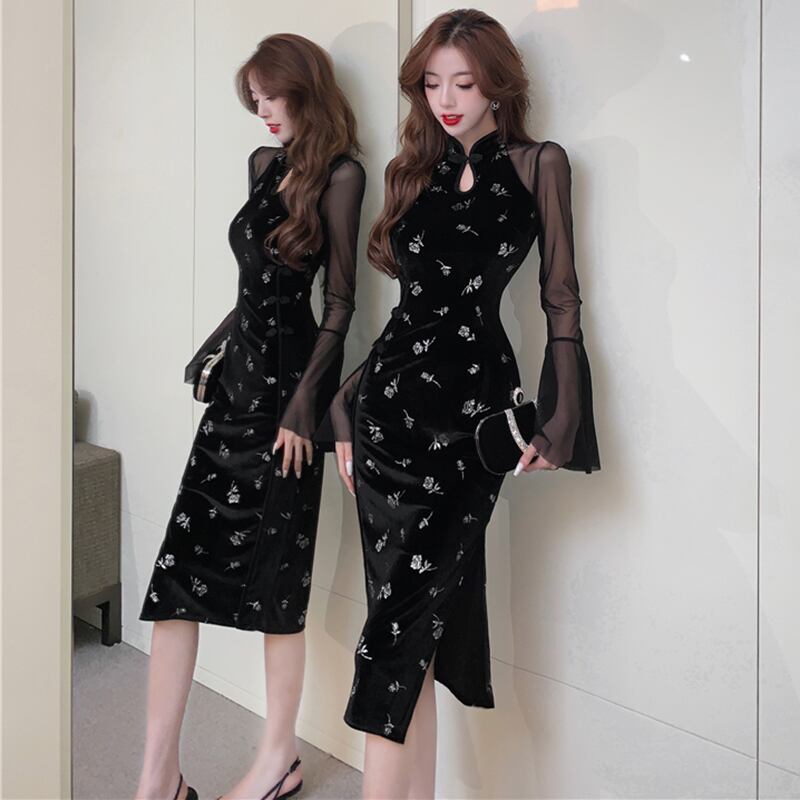 [Eighteen Impression Series]★China Dress★ Velvet Switching Rose Slimming Sexy Black Black SML