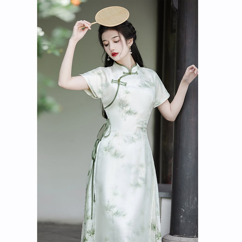 [Tatsuko Chenis Series] ★China style dress★ 2color dress coming of age ceremony girls' night out date short sleeve dress summer clothes green beige chiffon cool