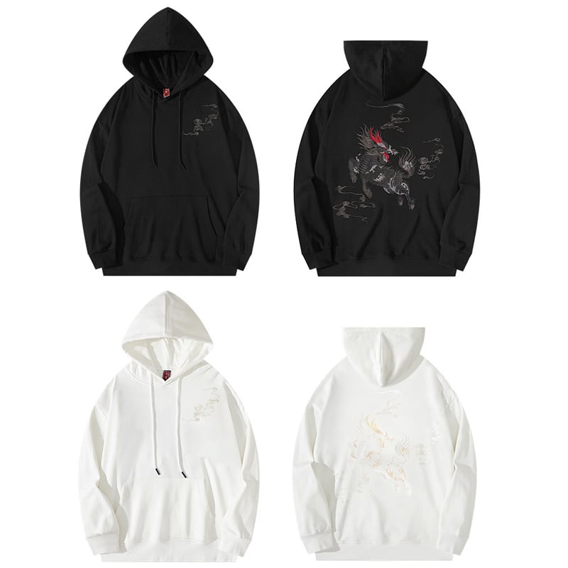 [High quality series] ★China style hoodie★ 2 colors Black or white Kirin embroidery Stylish Unique Unisex Men's Large size