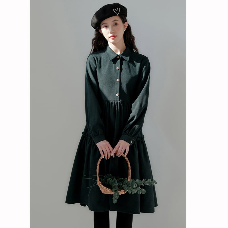 [Mokuyi Series] ★One Piece★ 2color Long Sleeve One Piece Women's Cute Retro Black Green