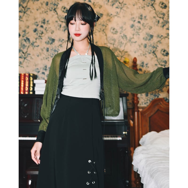 [Kokaisha---Kiritoki Series] ★China style outerwear★ 2color happi coat original chiffon black green SML