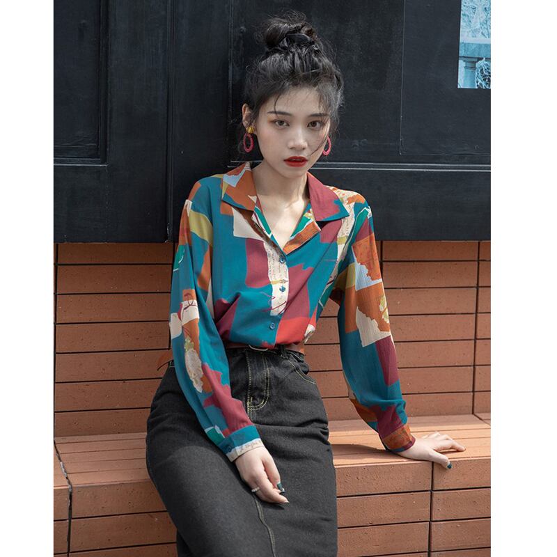 [YOUZI Series]★Retro Shirt★ Long Sleeve Shirt Tops Print Retro SML XL Thin Cute Color Scheme