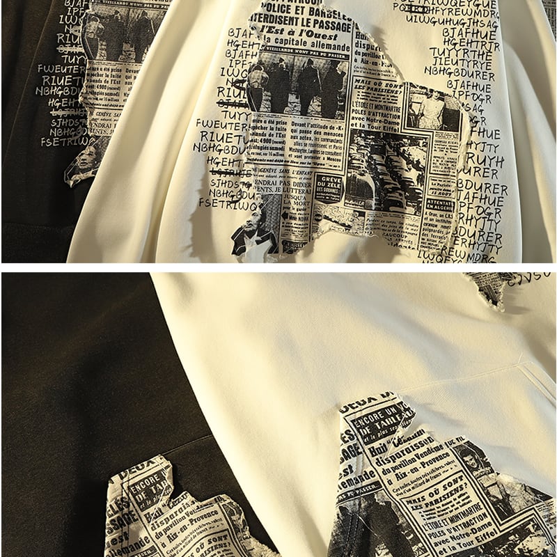 [Roba Series] ★Fleece-lined hoodie★ 2color tops unisex men's newspaper pattern retro black white