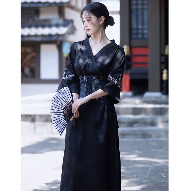 [Az Suna Series] ★Chinese style dress + obi★ Hanfu dress V neck S M L XL date girls' night out black black