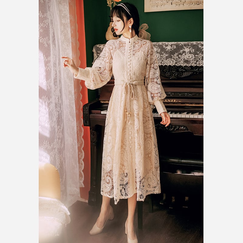 [Kasa no Castle Series] ★China style dress★ 3color black or beige or purple lace dress for dates, weddings, commuting, improving temperament