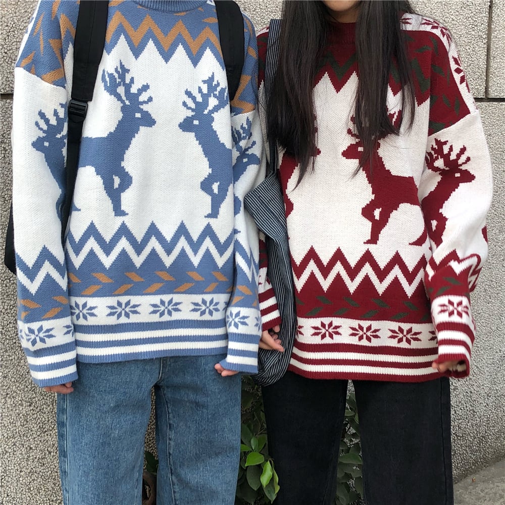 [LUSEN Series]★Sweater★ 2color Knit Tops Christmas New Year Deer Unisex Men's Red Blue