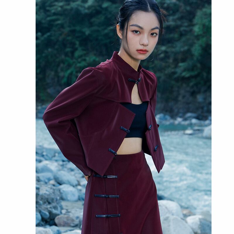 [Big Blue Dragon Series] ★China style outerwear★ PU jacket China button openwork wine red red