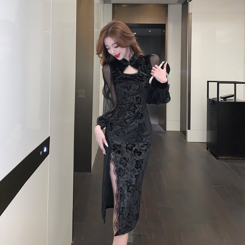 [Hundred Minute Eight Series] ★Cheongsam Dress★ Velvet Switching Floral Pattern Slimming Sexy Black Black SML XL