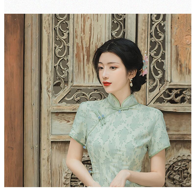 [Queen Series] ★China-style dress★ Improved cheongsam dress Improves temperament Short sleeves Green Green S M L XL