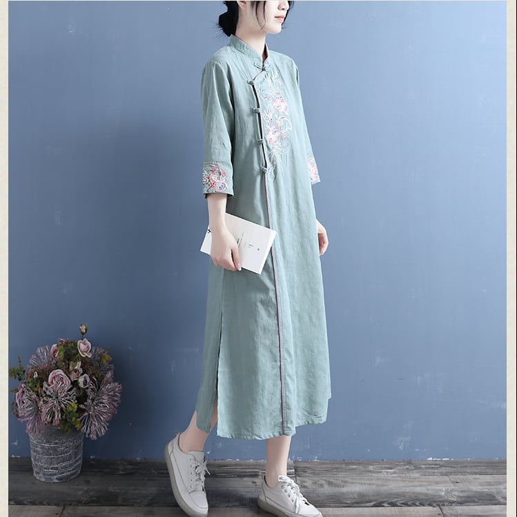 [Qing series] ★China style dress★ 4 colors, floral pattern, cotton, linen, white, blue-green, pink, yellow, spring, autumn, 3/4 sleeves