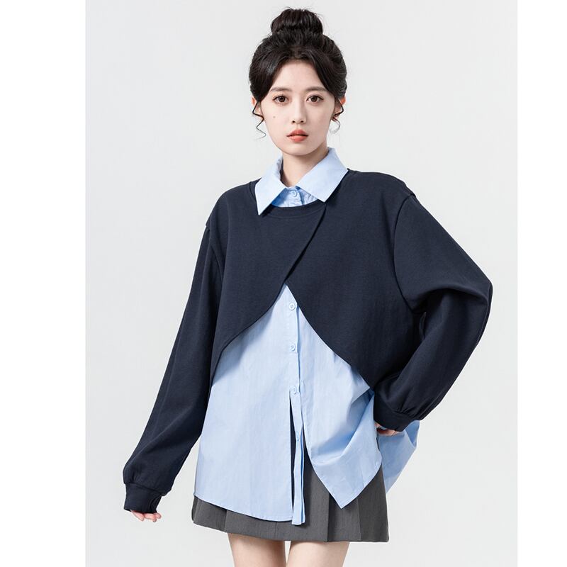 [WEIWU Series]★Tops★ Faux layered POLO neck color scheme fashion loose blue blue