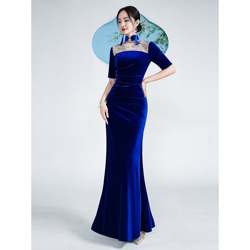 [Encounter dress series] ★Cheongsam dress★ Mermaid line velvet Improves temperament Maxi length Blue Blue Large size