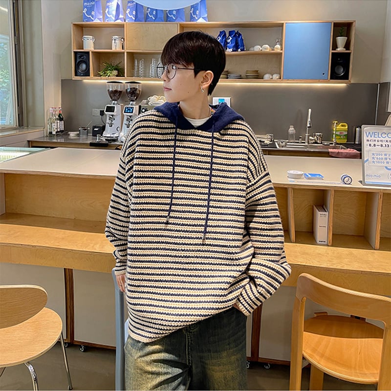 [NANSHI Series]★Sweater★ 2color Knit Parka Tops Unisex Men's Horizontal Stripes Striped Pattern Black Blue