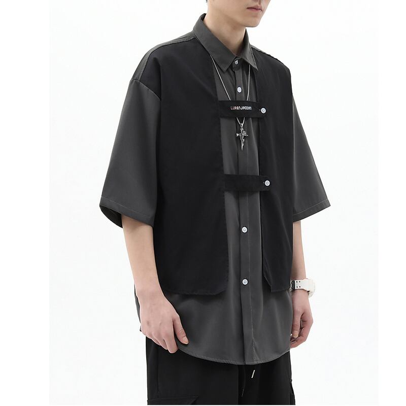 [51XIHA Series]★T-shirt★ Tops 2color Unisex Men's Short Sleeve Faux Layered Fashion Black Black