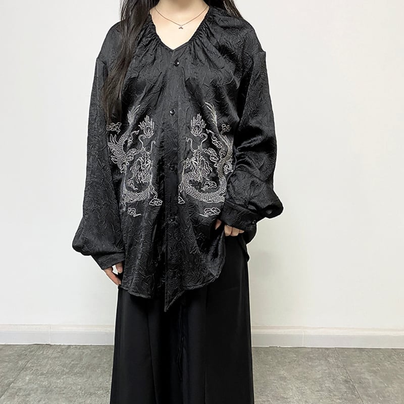 [Illustrated Series]★China Style Shirt★ Tops Dragon Embroidery Fashion Unisex Men's Black Black