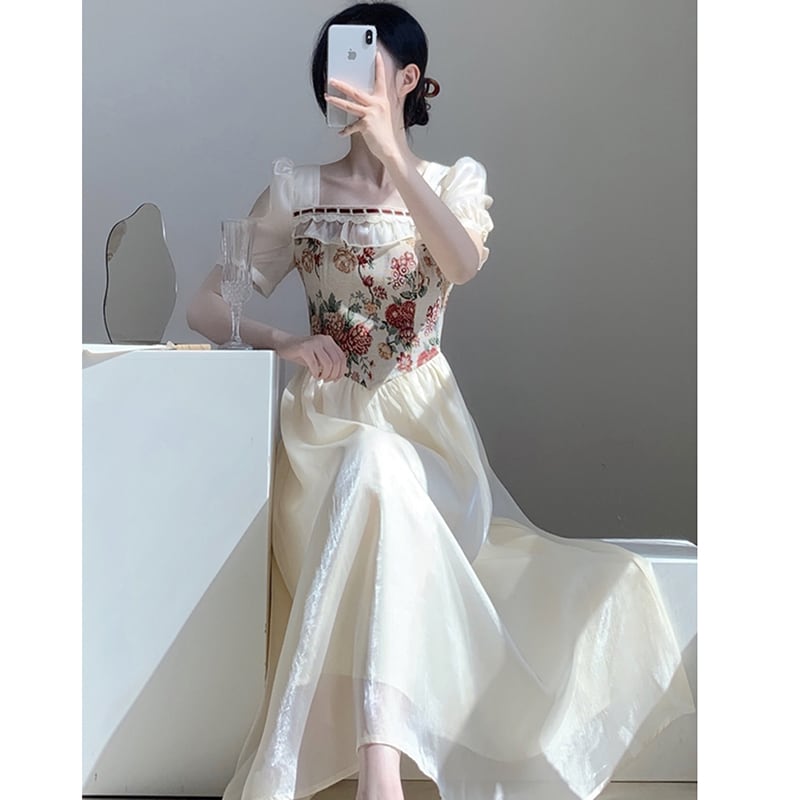 【Yuan Yuanシリーズ】★ワンピース★ 切り替え 油絵風 レトロ 半袖 夏ワンピース 気質アップ 可愛い