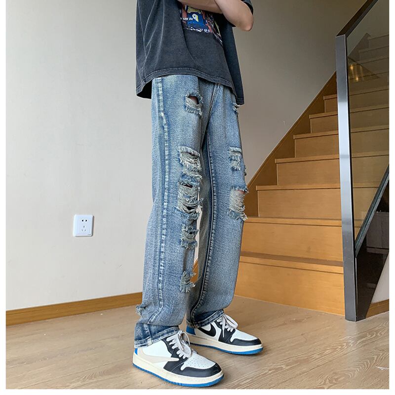 [BIGEMAN Series]★Denim pants★Bottoms Pants Unisex Men's Distressed Stylish Blue Blue