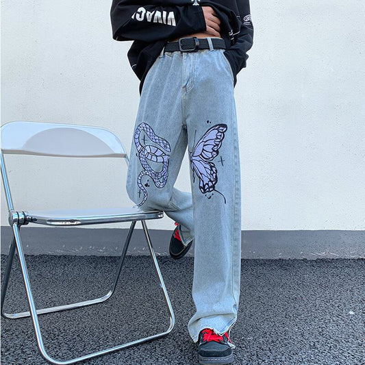 [YANDAN Series]★Denim Pants★ Bottoms Pants Unisex Men's Embroidery Butterfly Blue Blue Large Size