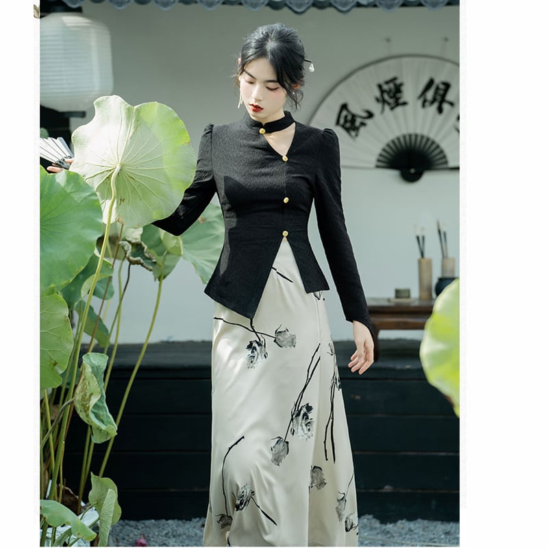 [Ink Year Flower Series] ★Chinese style setup★ 2-piece set Ink pattern, slimming, Chinese clothes, date, SML, commuting, photography