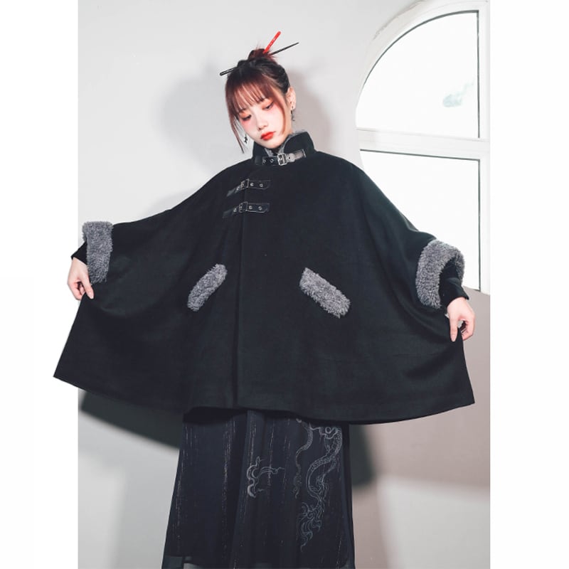 [Ancient monster house---Shanhai Jing Kunlun series] ★China style coat★ Outer coat Lasha loose thick warm black black cloak coat