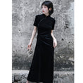 Load image into Gallery viewer, [Da Qinglong Shu Series] ★Cheongsam Dress★ Sexy One Piece Velvet Long Length Black Black Simple
