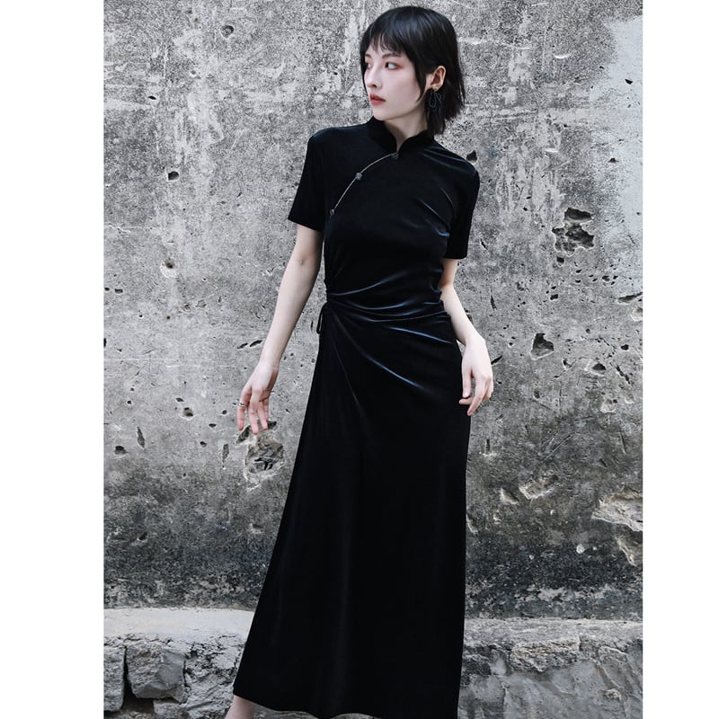 [Da Qinglong Shu Series] ★Cheongsam Dress★ Sexy One Piece Velvet Long Length Black Black Simple