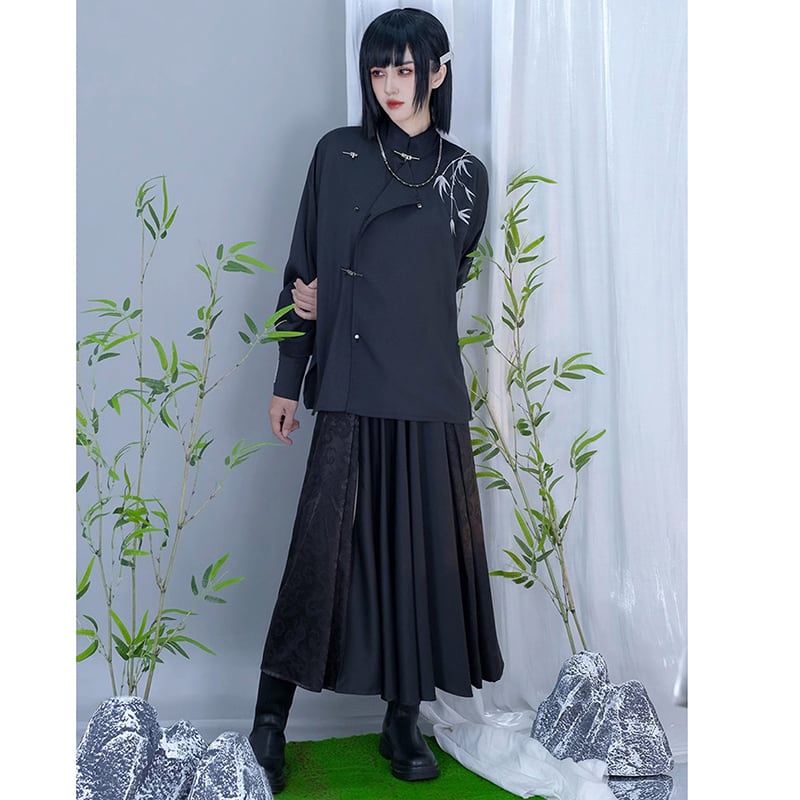 [Kuraho Koya Series]★China-style shirt★China-style tops, long sleeve shirt, bamboo embroidery, unisex, men's black, black