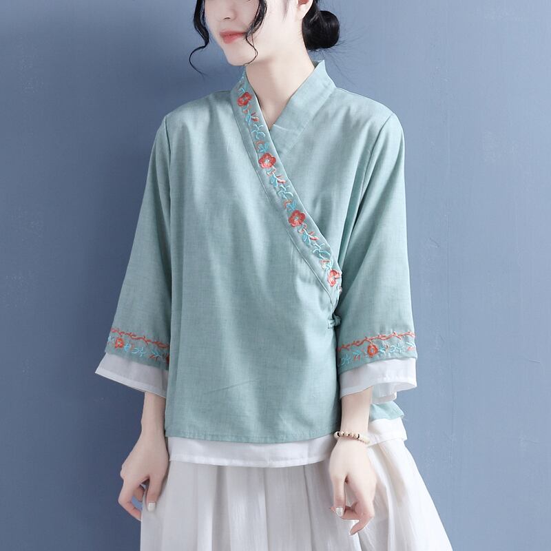 [Qing Series]★China style shirt★ Tops 5 colors White Pink Blue Purple Blue Green V-neck Embroidery Three-quarter sleeves