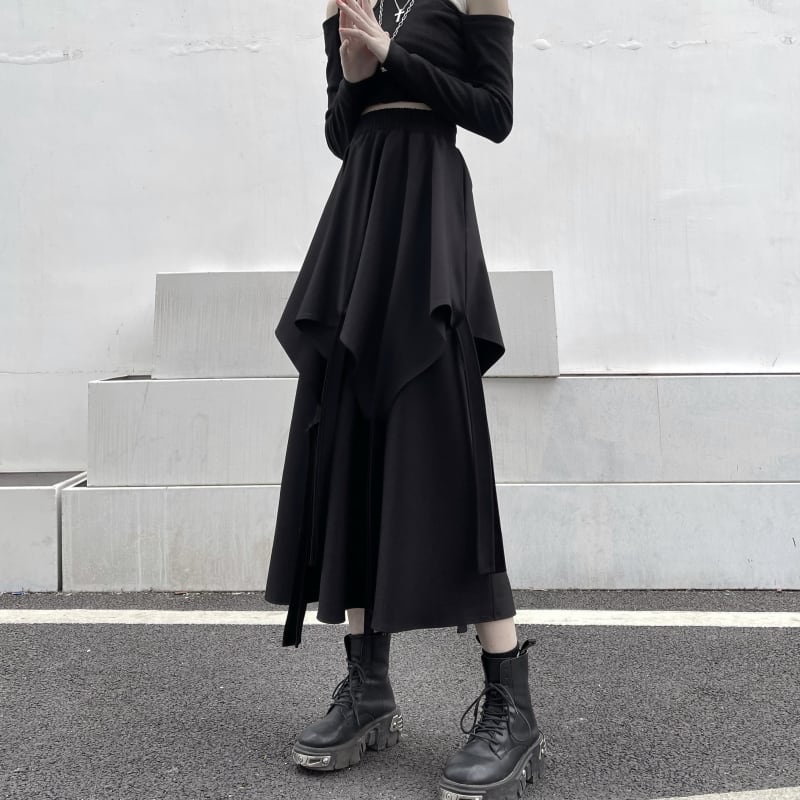 [Miyakoya Series]★Skirt★ Bottoms Irregular Asymmetrical Unique Harajuku style Easy to match Slimming Elastic waist Black Black