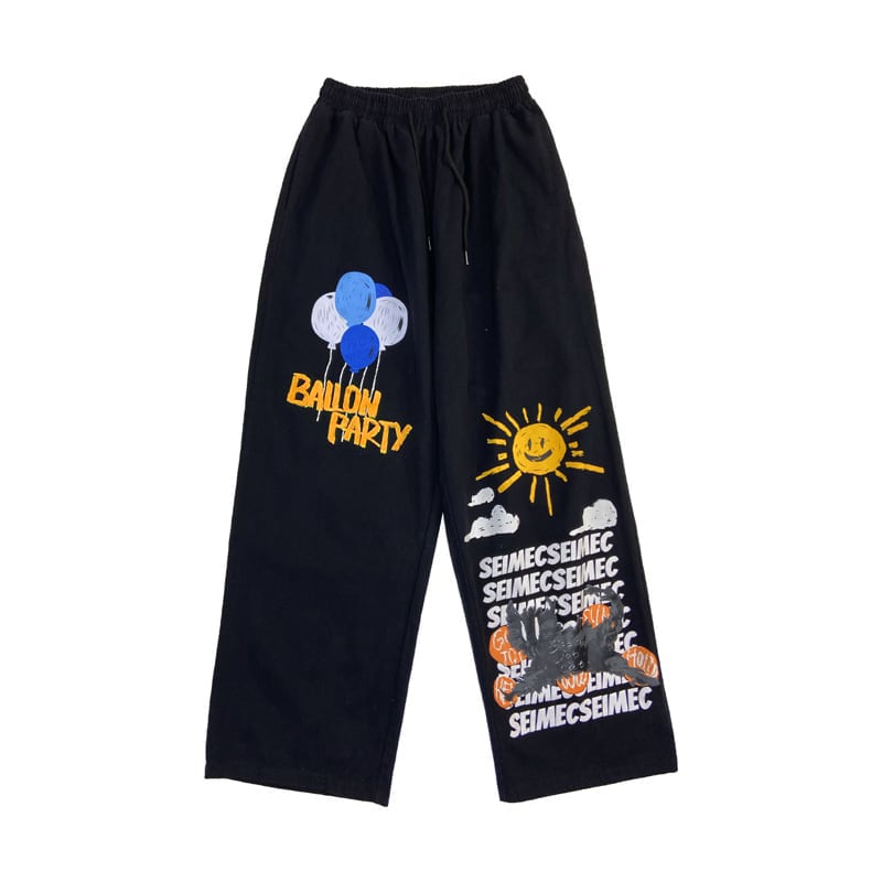 [ulzzang series]★Pants★ Wide pants denim pants black men's sun balloon graffiti cool bright