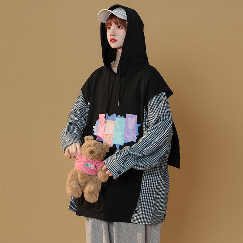 [Fujiiman Series] Cute hoodie 3color unisex men's tops fake layered plaid fashion